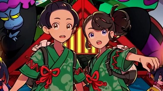Pokemon Scarlet and Violet DLC hidden treasure of Area Zero announcement: an image of two trainers in green kimono-type outfits