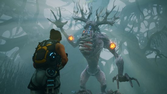 Scars Above review: An alien beast with antlers raises a giant hand above a human in a futuristic space suit