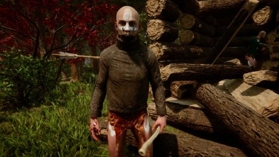 Sons of the Forest release time: A man in white face paint holding a bone club in front of a pile of logs