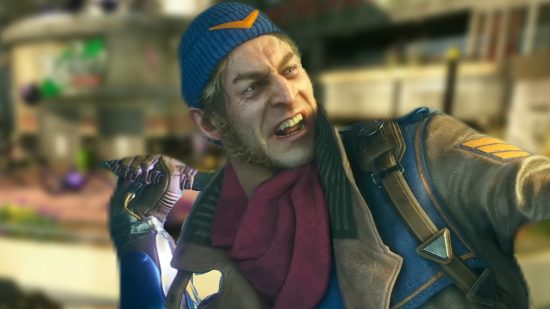 Suicide Squad Kill the Justice League characters: Captain Boomerang from Suicide Squad game in front of a background of the city