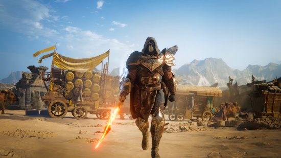 Atlas Fallen release date: A character holding a flaming sword, walking directly towards the camera.