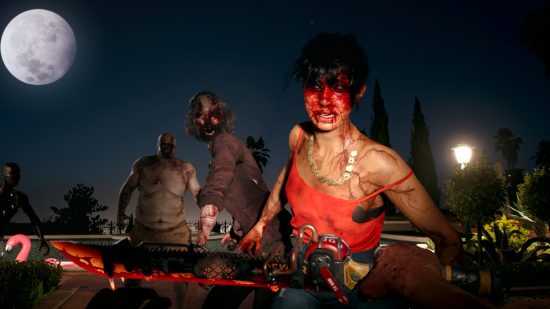 Dead Island 2 length: A pack of zombies facing down the player at night.