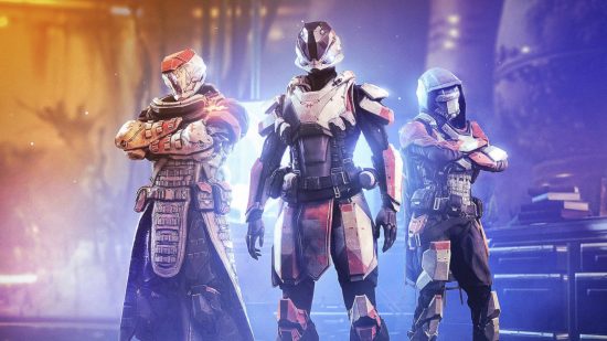 Destiny 2 Artifice Armor: From left to right, a Warlock, Titan, and Hunter standing proud in their Duality dungeon armor.