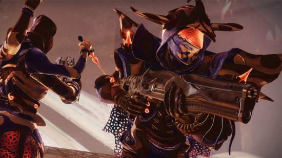 How to beat the Destiny 2 Illuminated Torment challenge: Two Guardians using the Root of Nightmares raid gear, with the Hunter facing the camera while the Warlock has their back turned.