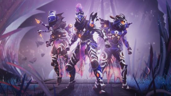 Destiny 2 Root of Nightmares armor: The Lightfall raid armor for each of the three classes: Warlock, Titan, and Hunter, from left to right.