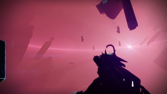 Destiny 2 Vexcalibur quest: The expansive environment of the Vex Network, bathed in a red glow.