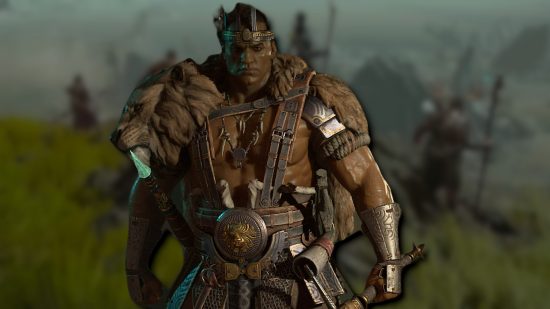 Diablo 4 Barbarian endgame build: A male Barbarian dressed in animal fur clothing, against a blurred background of gameplay.