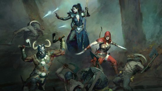 Diablo 4 cross-progression: A trio of demon hunters getting surrounded by beast men.
