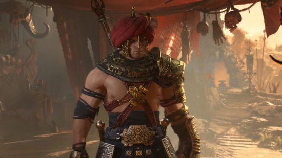 Diablo 4 multiplayer: A close-up of the Barbarian.
