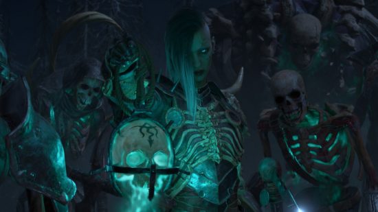 Diablo 4 Necromancer build: The Necromancer surrounded by their various skeletal summons.