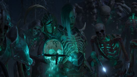 Diablo 4 party size: The Necromancer surrounded by raised skeletons.