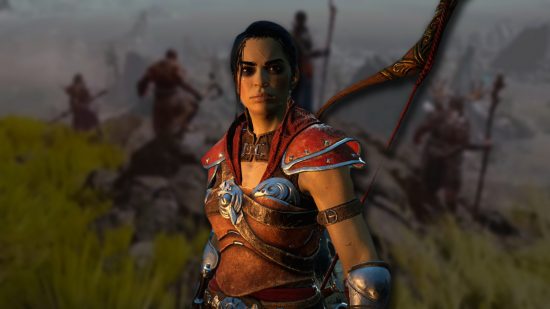 Diablo 4 Rogue build: A female Rogue with a bow on her back against a blurred background of characters standing on a coast.