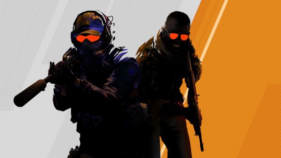 Is Counter-Strike 2 free to play?: Counter-Strike 2 promotional art featuring two soldiers hidden in shadows.