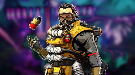 Apex Legends datamine Caustic prestige skin release date: an image of Caustic in front of a blurred background from the FPS