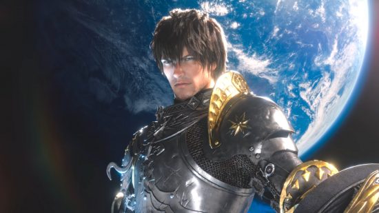 Best crossplay games: Final Fantasy XIV. Image shows a menacing character in armour in front of a planet.