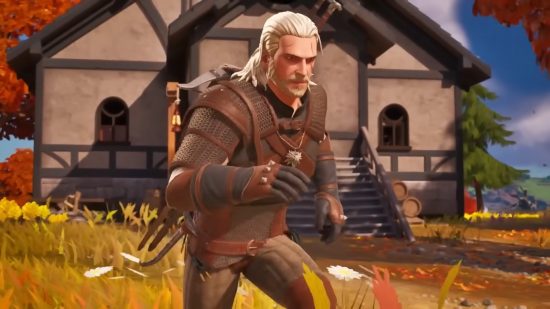 Best crossplay games: Geralt of Rivia out on the battlefield during a game of Fortnite.