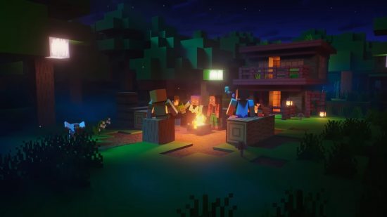 Best crossplay games: A group of blocky characters sitting around a campfire at night in Minecraft.