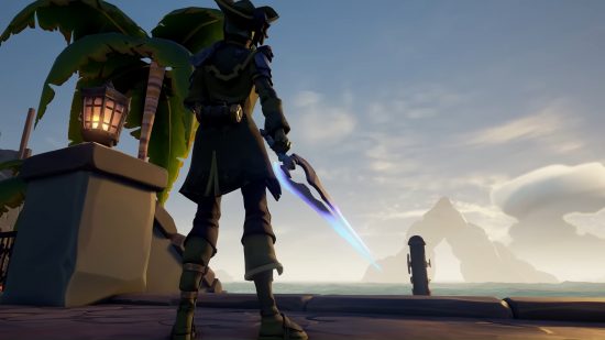 Best crossplay games: Sea of Thieves. Image shows a pirate holding an energy sword from the Halo series.