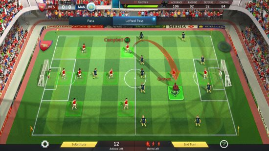 Най-добрите футболни игри: Футболен терен, показващ тактически екран, базиран на завой, който ви позволява да премествате играчи във футболни тактики и слава