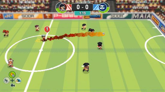 Best soccer games: A player shoots a ball forward over the defense in Soccer Story