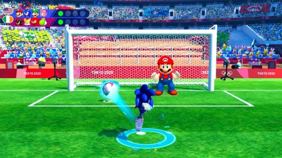 Best Nintendo Switch football games: Sonic takes a penalty against Mario in The Olympic Games Tokyo 2020
