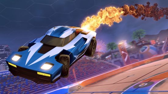 Best Nintendo Switch football games: A blue sports car boosts back to the ground in Rocket League