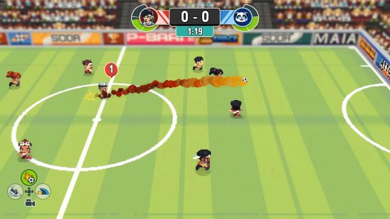 Best Nintendo Switch football games: A character boots the ball forward for his striker in Soccer Story