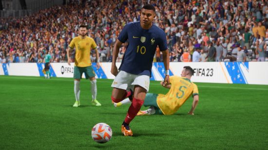 Best Xbox football games: Mbappe in a French kit dribbles the ball forward in FIFA 23