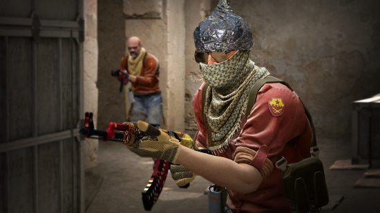 Counter-Strike 2 launch logo: A T-sided operator in CS:GO with an AK wearing a tinfoil hat