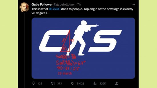 CS:GO Source 2 logo 23 degrees: A tweet from @GabeFollower showing the angle of the new CS2 logo is 23 degrees