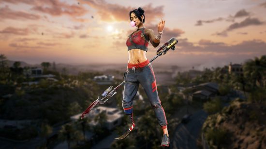 Dead Island 2 boss fights: A woman in black and red sports gear, spattered with blood, blowing pink bubblegum and holding a large makeshift weapon
