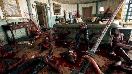 Dead Island 2 interview: Several zombies lay on the floor dismembered as a Dead Island 2 character wields a katana