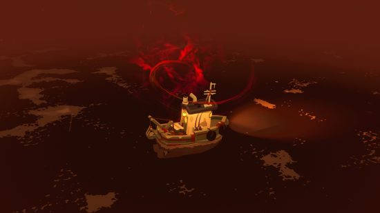 Dredge review: a small fishing boat is surrounded by a sinister red cloud