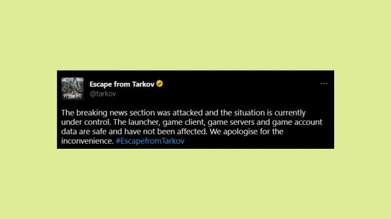 Escape From Tarkov hacked player data secure: an image of a tweet from the FPS game developer