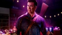 Evil Dead The Game GOTY Edition release date: an image of Ash holding Shemps and Pink F from the horror game