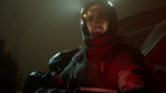 Fort Solis PS5: A man in a clear-visored space suit bathed in a red light