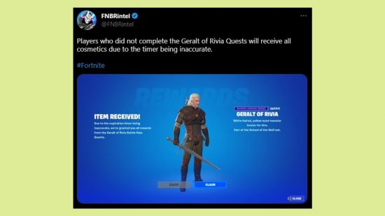 Fortnite free Geralt of Rivia skin battle pass error : une image du tweet montrant ce que les joueurs de la bataille royale devraient voir
