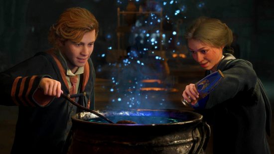 Hogwarts Legacy gold transformation spell chickens: an image of two Harry Potter characters making a potion from the RPG