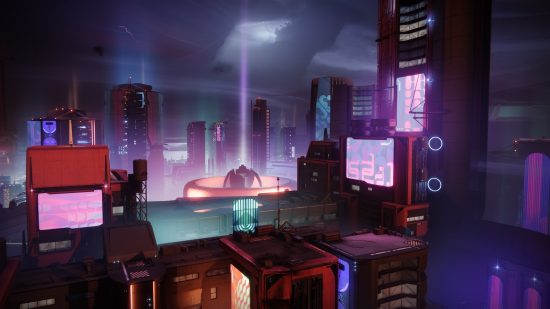 Destiny 2 Lightfall review: An aerial shot of Neomuna, a neon-lit futuristic city in Destiny 2