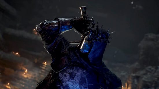Lords of the Fallen bosses: A knight in full body and face armor reaches to grab his sword from his back