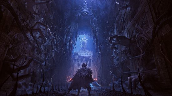 Lords of the Fallen preview: A knight in a feathered cloak stands in a chamber bathed in blue light with skeletons and jagged branches on the walls