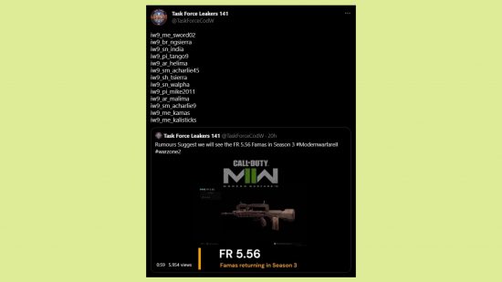 Modern Warfare 2 Intervention leaks future weapons datamine: an image of the Tweet in question about the FPS game's updates