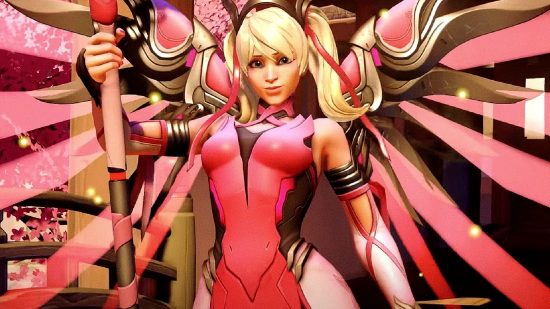 Overwatch 2 future charity events pink mercy skin: an image of the skin from the FPS game's event