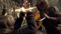 Resident Evil 4 Kill Chainsaw Guy: Leon can be seen parrying the chainsaw guy