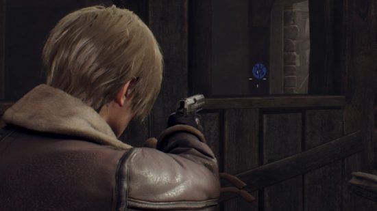 Resident Evil 4 remake Blue Medallions: Leon can be seen aiming at a Medallion
