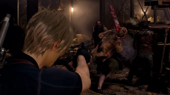 Resident Evil 4 Remake Weapon Locations: Leon can be seen firing a pistol