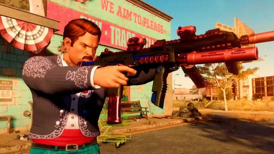 Saints Row free Dead Island 2 DLC content roadmap: a man shooting dual ARs in the open world game