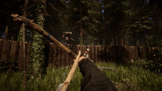 Sons of the Forest building: A person can be seen firing a bow
