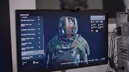 Starfield trailer: a PC monitor that is displaying the armour menu for Starfield
