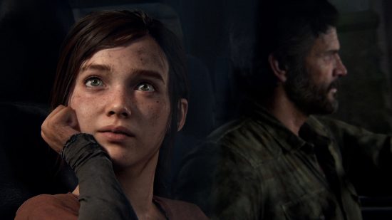 The Last of Us audio description Descriptive Video Works: Ellie looks out of the window while Joel drives a car in The Last of Us Part 1